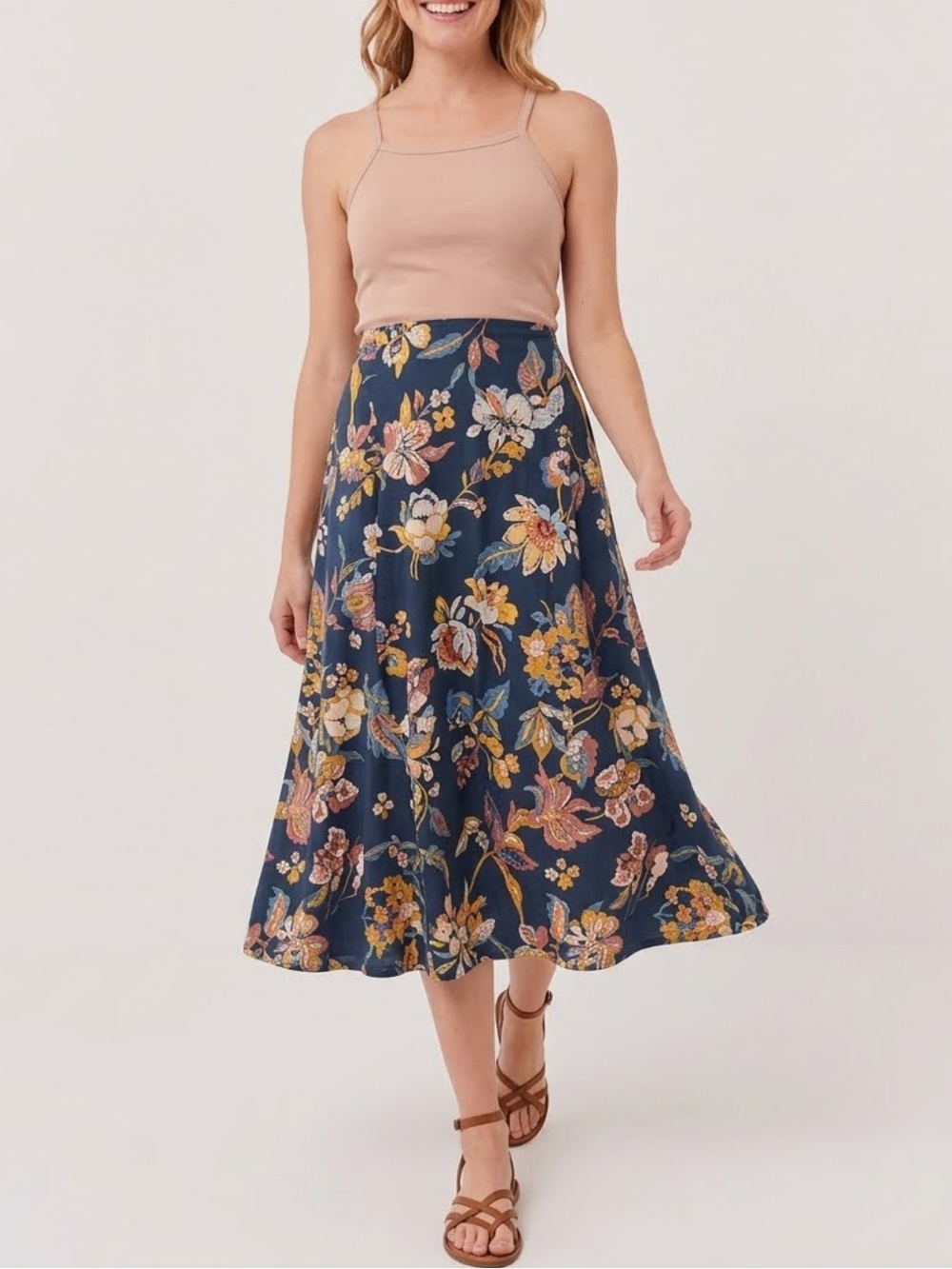 Pact Organic Cotton Fit & Flare Dress Shell Stripe Floral Charm Navy Midi-Medium